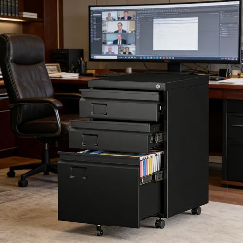 3 Drawer Metal File Cabinet with Lock and Wheels, Black | 17.32"D x 14.57"W x 23.82"H under-desk cabinet, fits Letter, Legal and A4 files, 5 casters