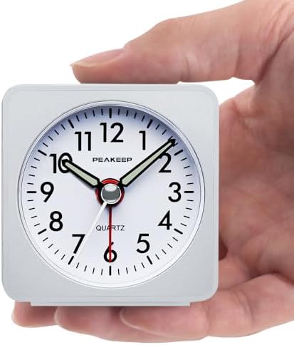 Peakeep Ultra Small, Battery Travel Alarm Clock with Snooze and Light | Silent No Ticking Analog Quartz Clock (Aquamarine)