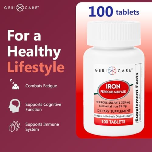 GeriCare Ferrous Sulfate Tablets 325mg, Elemental Iron 65 mg High Potency Iron Supplement | Dietary Supplement 100 Count. (Pack of 1)