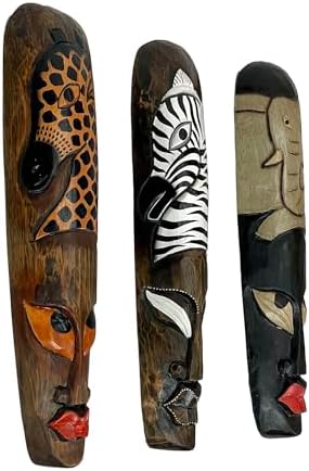 Set Of 3 African Wildlife Wooden Wall Masks | 19 In. Tall by 5 In. Wide, 2 In. Deep, Hand-Painted, Handcarved by Artisans, Fair Trade Item