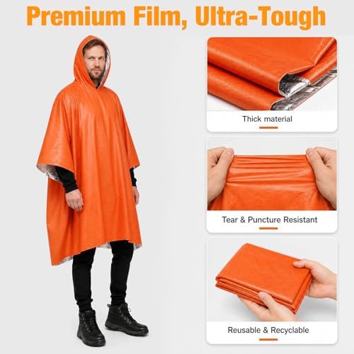 4 Pack Emergency Survival Mylar Poncho | 90% Heat Retention, Waterproof, Windproof, Tear-Resistant, Individually Packed for Hiking, Camping, Car Emergency Kit