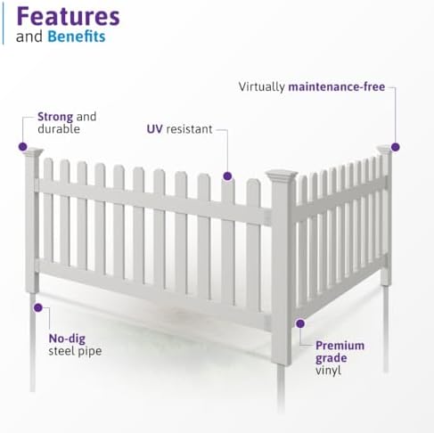 WamBam Newport Picket Fence, White Vinyl DIY No Dig Kit | 3ftH x 6ftW, 1 Panel + 1 Post, ZP19002