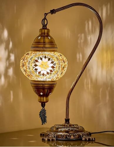 DEMMEX Turkish Table Lamp Moroccan Bedside Light Handmade Tiffany Mosaic Glass Boho Artisan Accent Lighting for Bedroom Living Room, Antique Brass Finish – 15" H, Multicolor