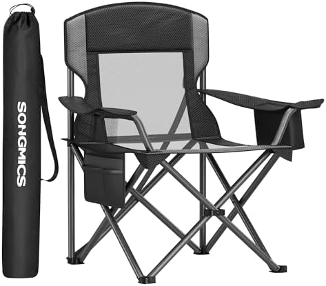 SONGMICS Camping Chair, Folding Oversized Chair, Comfortable and Heavy-Duty, 352 lb Weight Capacity, Adjustable Armrests with Cooler Bag, Storage Bag, Breathable Mesh, Bijou Blue UGCB060Q01