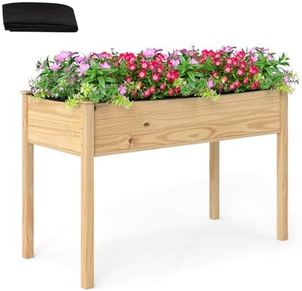 GIANTEX Raised Garden Bed on Wheels, Wood Planter Box with Legs, Liner, Drain Holes, Elevated Garden Bed for Vegetables