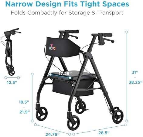 NOVA Star 6 Foldable Rollator Walker for Seniors, Wide Padded Backrest with Seat, 6” All-Terrain Wheels, Easy-Grip Locking Hand Brakes, Height Adjustable, Blue