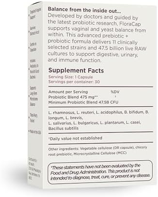 FloraCap Vaginal Probiotics for Women Health, 30 Oral Capsules | Reduce Odor, Itching, & Discomfort, pH-Balanced Formula, Urinary Tract & Healthy Vaginal Flora, Made in USA