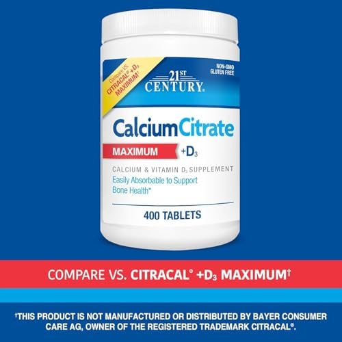 21st Century Calcium Citrate Plus D3 Maximum - 630 mg Calcium, Bone Health Support, Easily Absorbable, Gluten Free, Non-GMO, Compare to Citracal +D3, 400 Tablets