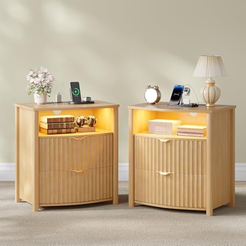 Dystler Fluted LED Night Stand with Hidden Gun Drawer & Charging | 19.7" W Curved Smart Bedside Table, 3-Color LED lights, 2 Drawers, Nightstand with Card-Lock, End Table for Bedroom, Walnut