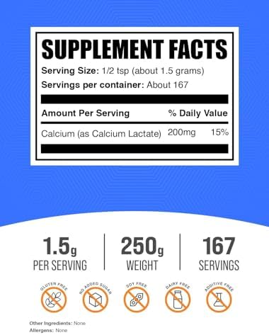 BulkSupplements.com Calcium Lactate Powder - Calcium Supplement Powder, Food Grade - Pure & Gluten Free, 1.5g per Serving, 500g (1.1 lbs) (Pack of 1)