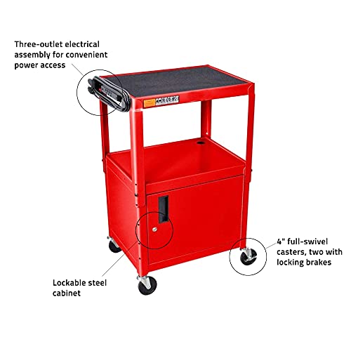 LUXOR AVJ42C-RD Steel AV Cart with Adjustable Height and Storage Cabinet, Multipurpose Utility Cart, 24" to 42" Height, 3 Outlet Electrical Assembly