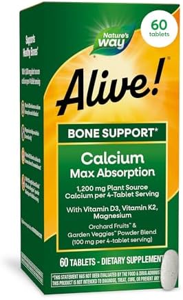 Nature’s Way Alive! Calcium Bone Support Tablets*, 1,200 mg Calcium, 120 ct | Max Absorption Calcium Supplement with Vitamins D3, K2, & Magnesium, Promotes Bone Health and Bone Density*, Gluten Free