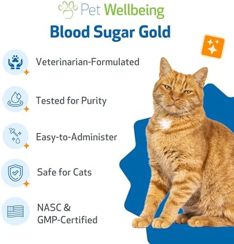 Pet Wellbeing Blood Sugar Gold for Cats - Blood Sugar Support, 2 oz | NASC Certified & Vet-Formulated Liquid Blood Glucose Supplement with Gymnema & Devil’s Club for Insulin & Pancreatic Support
