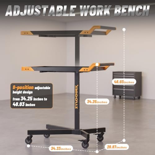 Adjustable Work Bench, Mobile Rolling Tool Cart, 34"-48" Height | 8-Adjustable Height Settings, 110lbs Capacity, Heavy-duty Steel Frame