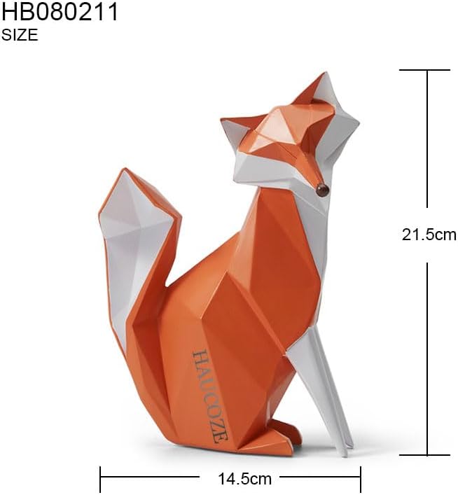HAUCOZE Fox Statue Figurine Animal Sculpture Modern Home Decor 8.3 Inch | Orange Resin Geometric Art Birthday Holiday Gift Handmade Ornament for