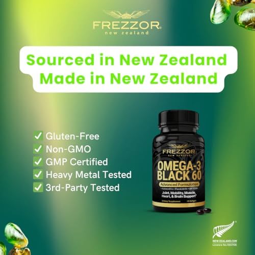 FREZZOR Omega 3 Black for Joint Care & Comfort - New Zealand Green Lipped Mussel Oil Capsules, 53x Higher Potency with UAF1000+ Super Antioxidant