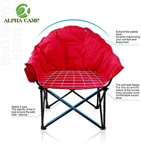 ALPHA CAMP Oversized Camping Chairs Padded Moon Round Chair Saucer Recliner with Folding Cup Holder and Carry Bag