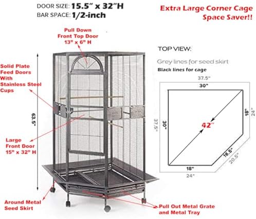 64" Extra Large Corner Bird Flight Breeding Wrought Iron Rolling Parrot Cage Side Solid Metal Plate Feed Doors Pull Out Removable Grate and Tray
