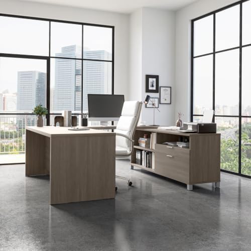 Bestar Pro-Linea 72W U-Shaped Executive Desk in Bark Grey | With Desk Shell, Credenza, Desk Bridge; for home or professional office use; 1 file drawer, 1 box drawer; Wood construction