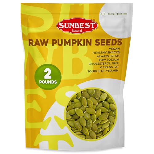 Sunbest Natural Raw Pumpkin Seeds, 2 lbs – Unsalted & Shelled – Whole Pepitas, Pumpkin Seeds to Eat – Great for Snacking, Baking & Topping – Rich in Essential Fatty Acids, Iron & Protein (32 oz)