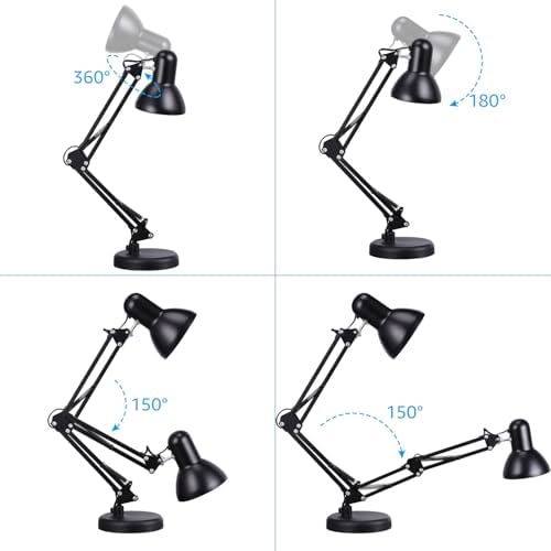 TORCHSTAR Metal Desk Lamp, Adjustable Swing Arm, E26, Black | Architect Gooseneck Multi-Joint Clip Table Lamp with Plastic Clamp, for Home Office, Work, Study, Reading, Bulbs not Included