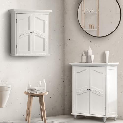 Teamson Home Versailles Wooden Freestanding Floor Storage Cabinet with 2 Adjustable Interior Shelves 3 Storage Spaces and 2 Floral Scroll Doors, White