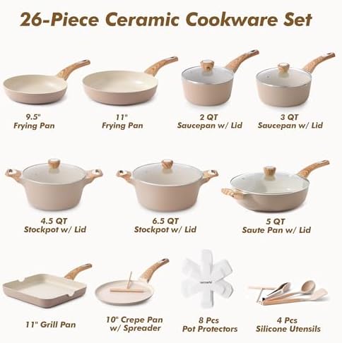 SENSARTE Ceramic Cookware Sets, Pots and Pans Set Non stick, Non toxic Healthy Induction Cookware, 26 Pcs Nonstick Kitchen Cooking Set, w/Frying Pans Set, Saucepans Set