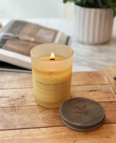 Charming Farmhouse by DW Home Vanilla Brûlée Scented Candle, 8 oz Wooden Wick Candle, Vanilla Bean, Toffee & Toasted Marshmallow Fragrance, Up to 40H Burn Time
