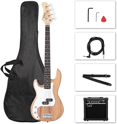 GLARRY Full Size Electric Bass Guitar Beginner Kit 4 String Exquisite Basswood Bass with 20W AMP, Cable, Strap, Bag and Accessories (Transparent Blue, 39"Right Handed)