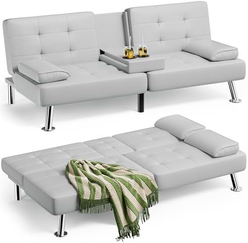 JUMMICO Faux Leather Futon Sofa Bed, Sleeper Sofa with Adjustable Backrest