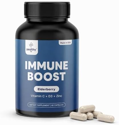 Immune Support Capsules for Adults with Elderberry, Vitamin C, Vitamin D3 & Zinc – Daily Immune Defense Supplement | Zealthy Life | 60 Capsules