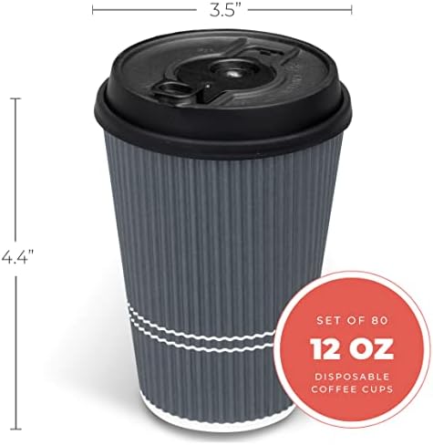 Disposable Coffee Cups With Lids - (80 set) 12 oz Paper To Go Coffee Cups With Resealable Lids Prevent Leaks! Travel Insulated Hot Beverage Drink Cup. Will Not Bend With Heat or Burn Fingers