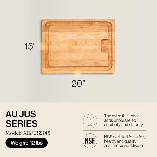 John Boos Aujus Series Rectangular Wooden Maple Cutting Board 20”x15” – 1.5” Thick, 12-lb Reversible Butcher Block with Sloped Juice Groove, Edge-Grain & Finger Grips – Made in the USA