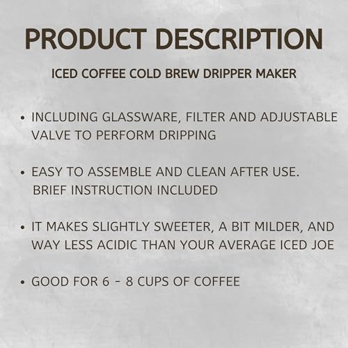 Nispira Iced Coffee Cold Brew Drip Tower Coffee Maker, 6–8 Cup Manual Cold Brew Brewer with Adjustable Valve, Wooden Frame & Glassware, Slow Cold Extraction System