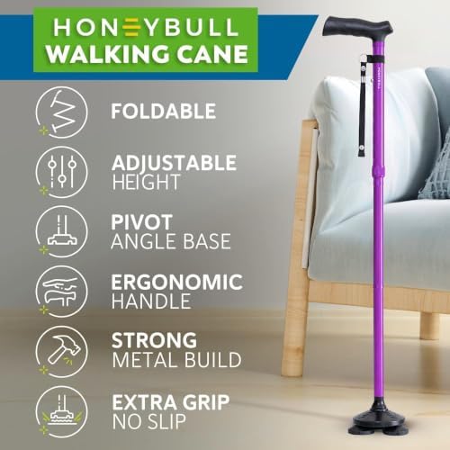 HONEYBULL Walking Cane for Men & Women, Foldable Free Standing Cane | Adjustable height, collapsible design, heavy-duty, pivot base for stable support, ergonomic handle