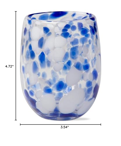 tag 16 oz. Confetti Glass Stemless Drinkware Cobalt Blue and White Dishwasher Safe Beverage Glassware Dinner Party Wedding Large Blue