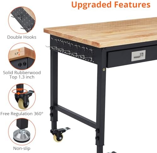 48’’x24’’ Adjustable Workbench,Workbench with Drawers,Darage Workbench with Pegboard,2000 LB Load Capacity,4 Rolling Casters, Power Outlets, Metal Frame,for Garage, Workshop, Home, Office