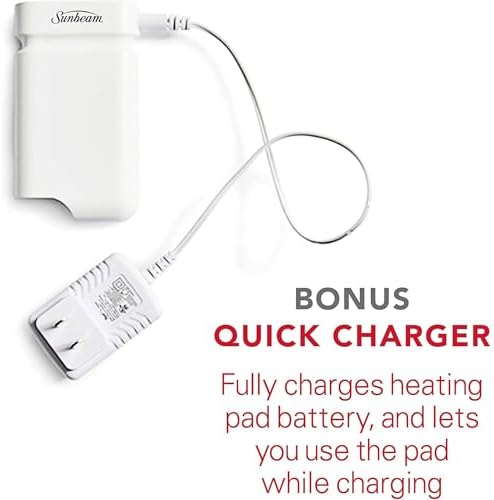 Sunbeam Cordless Rechargeable Heating Pad, Portable 9.5" x 12", Machine-Washable, Pain Relief for Back, Shoulder, Neck, and Period Cramp Pain Relief