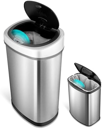 NINESTARS CB-DZT-50-98-1C Automatic Touchless Motion Sensor Oval & Rectangular Trash Can Combo Set, 13.2 Gal. 50 L. & 2.1 Gal.8 L., Stainless Steel