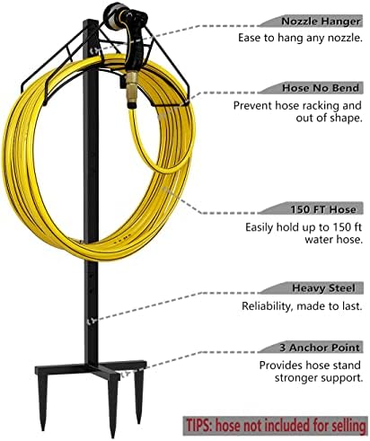 Artigarden Freestanding Garden Hose Holder Hanger, Heavy Duty Metal Water Hose Reel Storage Stand Rack for Yard Lawn, Bright Black (Hose not Included)