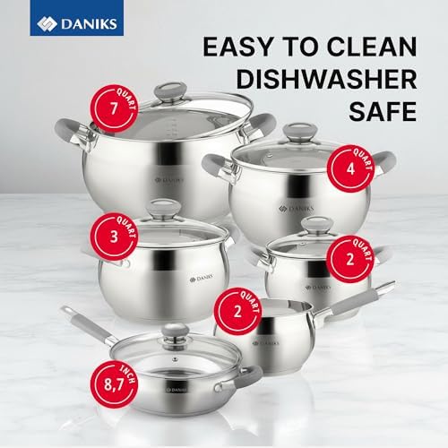 Daniks Modern 4 Quart Stainless Steel Stock Pot with Glass Lid, Tri-Ply Bottom for Even Heating, Induction Compatible, Dishwasher Safe