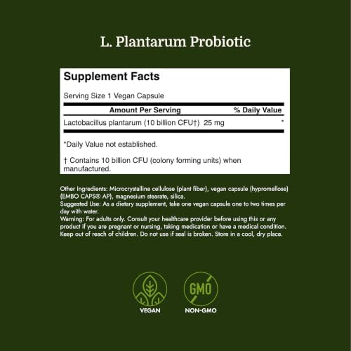 Swanson L. Plantarum - 10 Billion CFUs - Probiotic Supplement for Occasional Gas & Bloating - Supports Lower GI Tract Health* - No Refrigeration Needed - Non-GMO - 30 Vegan Capsules
