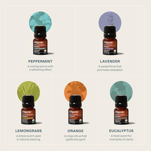 Cliganic Organic Essential Oils Set (Top 5 - The Classics) - 100% Pure Natural - Aromatherapy, Candle Making - Peppermint, Lavender, Eucalyptus