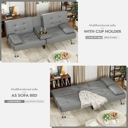 JUMMICO Faux Leather Futon Sofa Bed, Sleeper Sofa with Adjustable Backrest