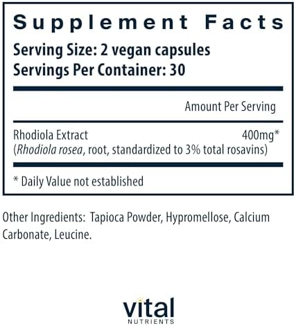 Vital Nutrients Rhodiola Rosea - Rhodiola Supplement for Healthy Energy, Memory, and Stress Support - Gluten, Dairy, Soy Free - Non-GMO - 60 Capsules