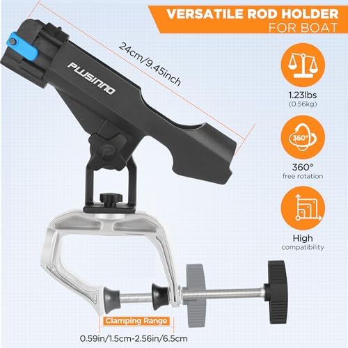 PLUSINNO Rod Holders for Fishing Boat Adjustable Pole Rod Holder | Universal Fit Most Fishing Rod, with Rod Protective Strap, Large Clamp Opening 360°, Horizontal Vertical Compatible