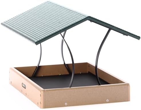 Birds Choice SNFT-300 Fly-Thru Feeder, Recycled Pole Mounted Bird Feeder, Large, Taupe/Green | Recycled Plastic Platform with Roof, Welcomes Cardinals, Jays and Other Wild Birds, 19in x 15.75in x 13in