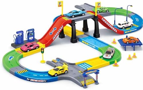 My First Speed Racing Assembly Track Builder Toy Playset - Starter Kit with 6 Diecast Cars, Accessories for Kids