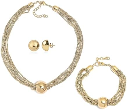 3 Piece Set Multi Layer Chain Necklace 15"Bracelet 7.50In Earrings