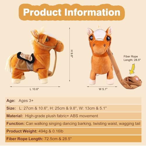 Marsjoy Walking Pony Toy Musical Singing Dancing Plush Interactive Pony Walk Along Horse with Leash Plush Stuffed Animal Shaking Head Buttocks Toy